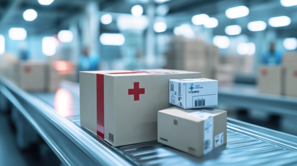 a collection of medical supply boxes on a conveyor belt in a distribution center.